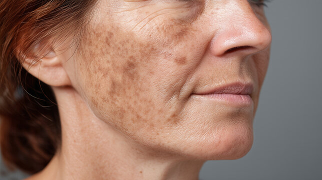 Close up of woman with mild dark spots on cheekbone, soft cream background, showing skin pigmentation, aging, and natural complexion