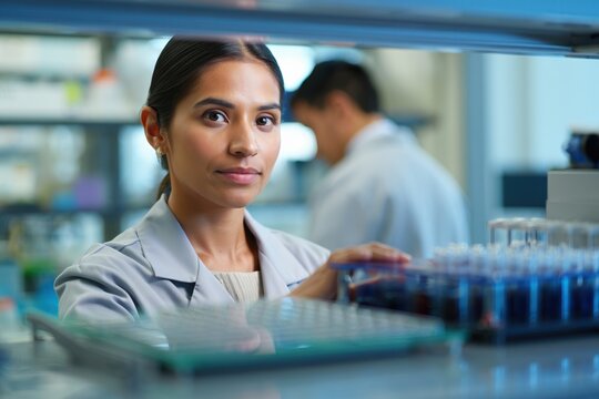 Mid-career research engineer woman conducts experiments in a well-lit laboratory