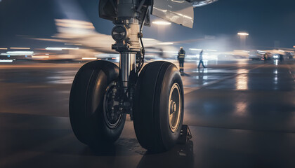A detailed view of airplane landing gear at night, showcasing aviation technology, ideal for engineering articles or aviation enthusiasts.