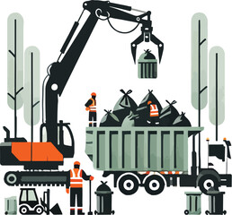 Waste management illustration featuring construction machinery with workers and waste removal process