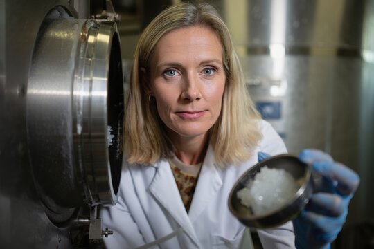 Mid-career research scientist examines a petri dish in a modern lab setting