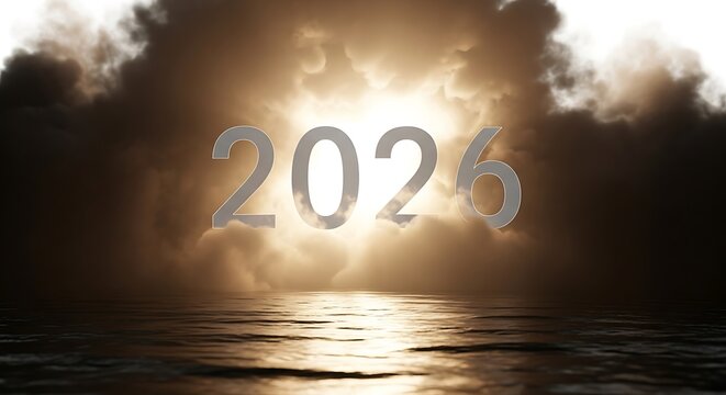 Silver 2026 numbers against a glowing sky with dark clouds and water