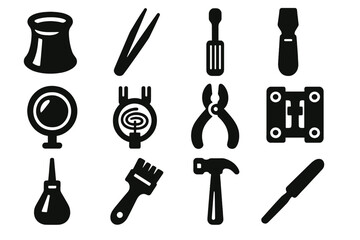 Obraz premium Watchmaker Tool Icons. Watchmaker Precision Tools silhouette icon set. loupe, tweezers, screwdriver, case opener, balance spring tool, magnifier, pliers, movement holder, oiler
