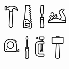 Fototapeta premium Woodworking Tools Icons. Woodworking Tools linear icon set: hammer, saw, chisel, plane, tape measure, screwdriver, clamp, mallet