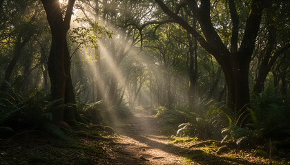 Obraz premium Tranquil forest scene with sunlight illuminating a winding path, great for outdoor adventure themes or relaxation imagery.
