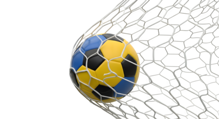A vibrant blue and yellow soccer ball has just scored, resting in the goal net, isolated on transparent background