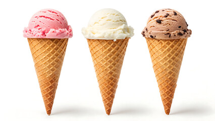 Three delicious ice cream cones with different flavors in crispy waffle cones isolated on white background