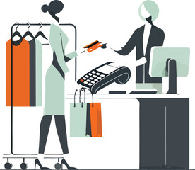 Woman paying with credit card at a clothing store checkout counter illustration