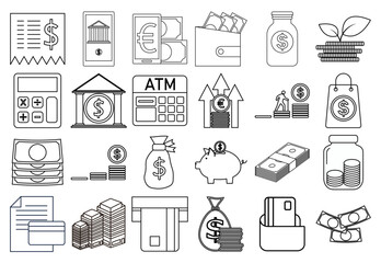 Hoja de iconos de finanzas, banca y dinero