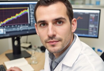Analytical chemist at a seated workstation examining data on dual monitors.