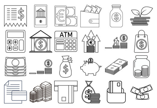 Hoja de iconos de finanzas, banca y dinero