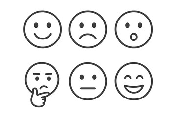 Fototapeta premium Expressive Faces Icons. Human Expressions Set linear icon set: happy face, sad face, surprised face, thinking face, neutral face, laughing face