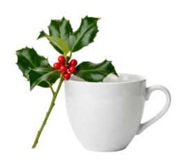 Holiday drink cup with holly branch festive environment isolated on transparent background