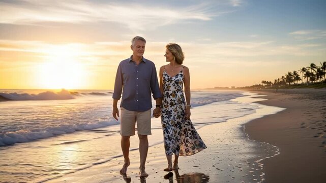 Mature couple enjoys a romantic sunset stroll on a beautiful tropical beach, holding hands