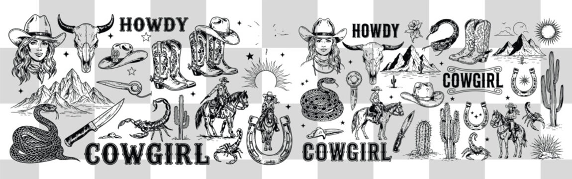 Seamless pattern with cowgirl elements like hats boots horseshoes cacti and desert landscapes design