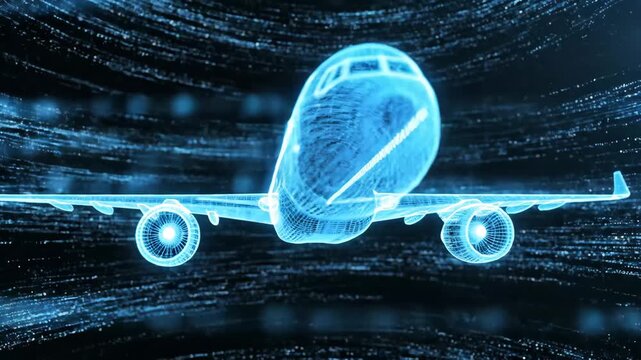 Futuristic Digital Wireframe of an Airplane - The video showcases a glowing, digital wireframe model of an airplane against a dynamic, technology-inspired background.
