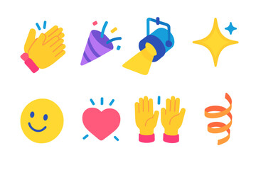 Fototapeta premium Vibrant Applause Icons. Applause Set flat icons set. clapping hands, confetti burst, stage spotlight, star sparkle, smiling face, heart glow, raised hands, ribbon swirl