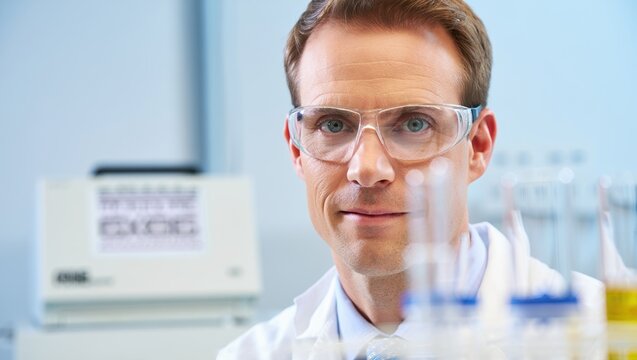 Research chemist in safety goggles analyzes samples in a modern laboratory.