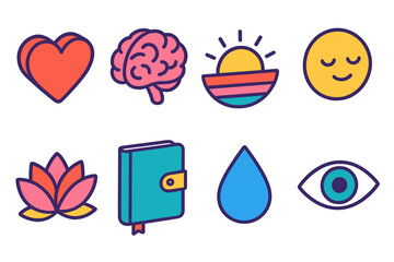 Emotional Clarity Icons. Emotional Clarity flat icon set: heart, brain, sunrise, calm face, lotus flower, journal, droplet, eye