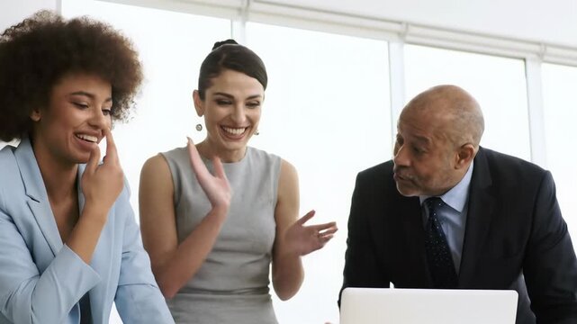 Diverse business professionals collaborate intently on a laptop in a bright, modern office, transitioning from serious focus to shared laughter, showcasing successful teamwork and vibrant