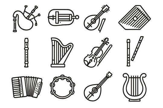 Classical Folk Instruments Icons. European classical folk instruments linear icon set: bagpipe, hurdy-gurdy, mandolin, zither, recorder, harp, fiddle, tin whistle, accordion