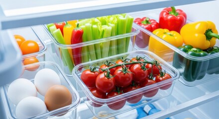 Fresh colorful vegetables and eggs neatly organized in transparent containers on a refrigerator shelf for healthy meal preparation and food storage