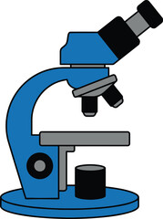 Detailed illustration of a blue microscope with visible components on transparent background