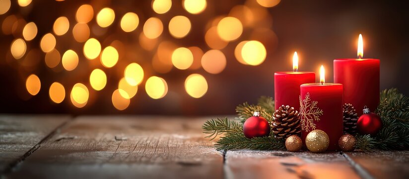Third Sunday of Advent - During Advent, three red candles are lit. Advent or Christmas background with space for text. - Powered by Adobe