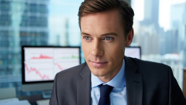 Financial analyst reviews market data at a desk with charts and business insights.