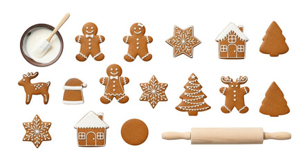 Assorted gingerbread cookies and icing tools, Christmas cookie baking class