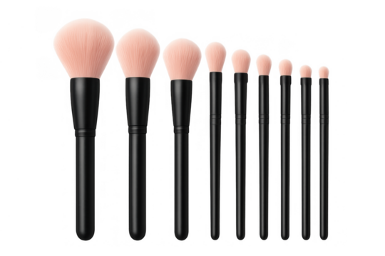 Makeup brushes set creating beauty application, cosmetics tools for professional artist work, isolated on transparent background