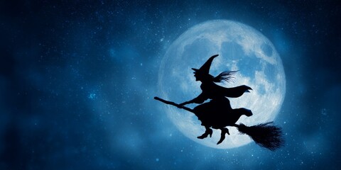 Naklejka premium Witch Silhouette Flying Across Full Moon in a Mystical Night Sky