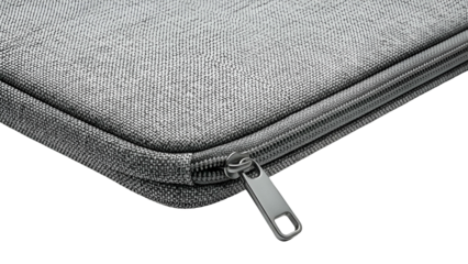 Close-up of a gray laptop sleeve with a silver zipper partially opened, isolated on black