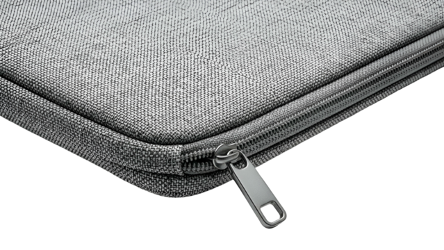 Close-up of a gray laptop sleeve with a silver zipper partially opened, isolated on black