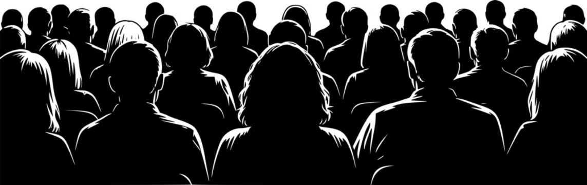 People heads silhouette. The audience sitting back view vector illustration. Back crowd.
