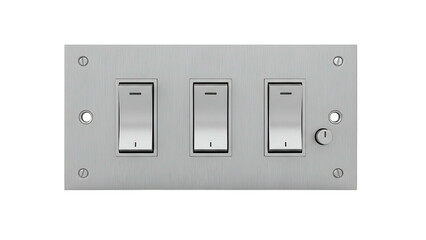 A brushed metal light switch plate featuring three rectangular toggle switches and one keyhole