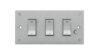 A brushed metal light switch plate featuring three rectangular toggle switches and one keyhole