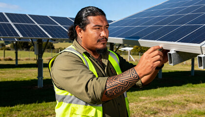 Maori solar technician inspecting photovoltaic panels at a solar farm. Professional worker with tribal tattoos in safety vest maintaining renewable energy infrastructure