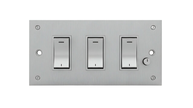 A brushed metal light switch plate featuring three rectangular toggle switches and one keyhole