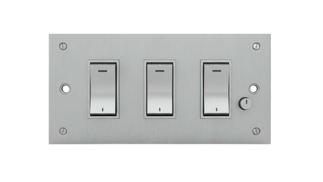 A brushed metal light switch plate featuring three rectangular toggle switches and one keyhole
