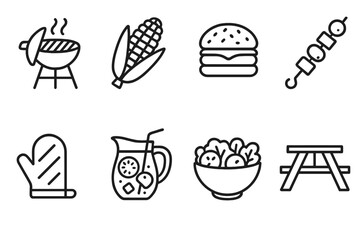 Family BBQ Icons. Family barbecue concept linear icon set: grill, corn cob, burger, skewer, oven mitt, lemonade, salad bowl, picnic bench , balanced modern domestic outlines