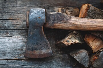 Woodsman's Axe and Stacked Firewood on a Rustic Timber Background