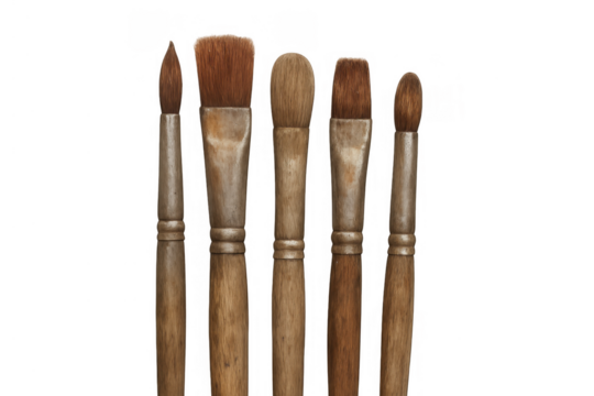Artist paintbrushes in a row with wood handles and natural bristles, artistic tools for painting and creative projects on a transparent background