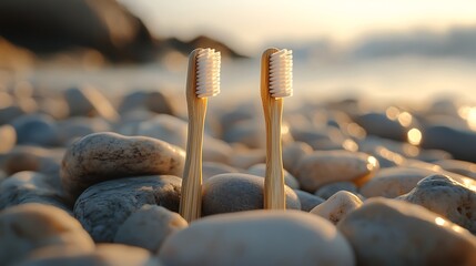 Eco-friendly bamboo toothbrushes on beach pebbles at sunrise high resolution image