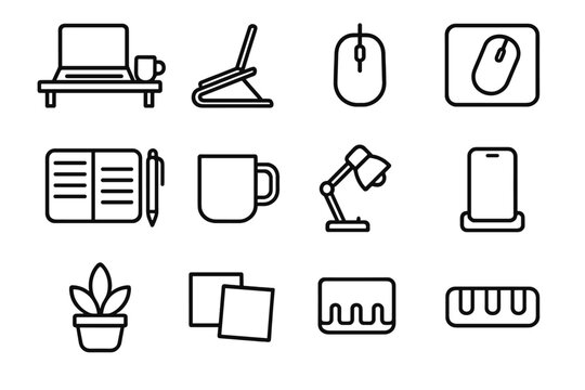Outline Desk Icons. Laptop Workspace Icons linear icon set: desk setup, laptop stand, mouse, mousepad, notebook, pen, coffee mug, desk lamp, phone dock, plant pot, sticky notes - Powered by Adobe