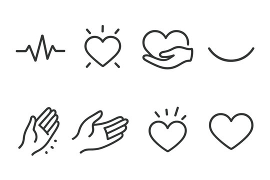 Expressions of Love Icons. Love emotions linear icon set: heartbeat line, glowing heart, comfort hand, smile curve, caring gesture, gentle touch icon, warm aura, sentiment spark