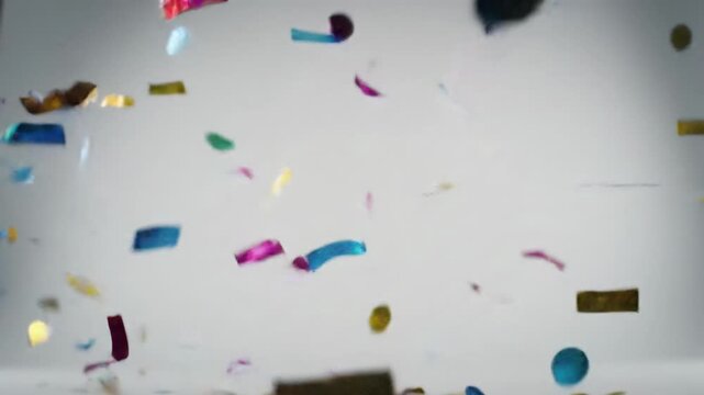 Falling slowly against a pristine white cyclorama with soft bokeh and high-key light, slow vertical dolly video. Pure joy and celebration concept