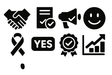 Icons of Unity. Agreement & Support silhouette icon set: hands clasping, document with check, megaphone approval, nodding face, support ribbon, yes button, approval seal, positive