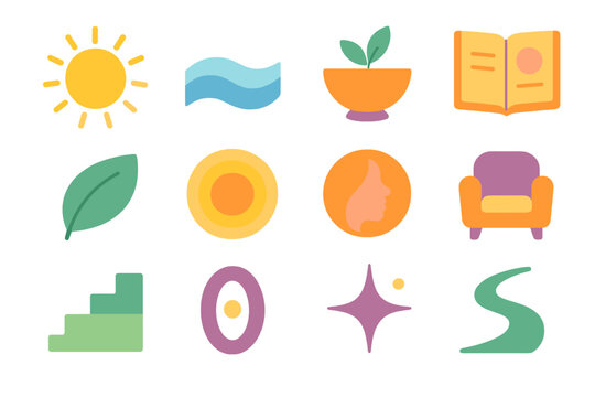Holistic Rejuvenation Icons. Holistic Rejuvenation flat icon set: warm sun, gentle wave, wellness bowl, reflection notebook, serenity leaf, growth ring, mindful breath circle, cozy