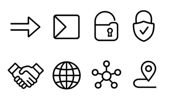 Networking Icons Set. Networking Concepts linear icon set: data flow arrow, packet icon, handshake symbol, encrypted lock, subnet grid, domain globe, topology map, route marker